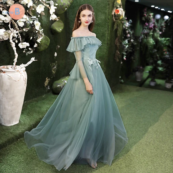Modest / Simple Mint Green Bridesmaid Dresses 2021 A-Line / Princess Scoop Neck Lace Flower 1/2 Sleeves Backless Floor-Length / Long Tulle Wedding Party Dresses