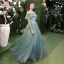 Modest / Simple Mint Green Bridesmaid Dresses 2021 A-Line / Princess Scoop Neck Lace Flower 1/2 Sleeves Backless Floor-Length / Long Tulle Wedding Party Dresses