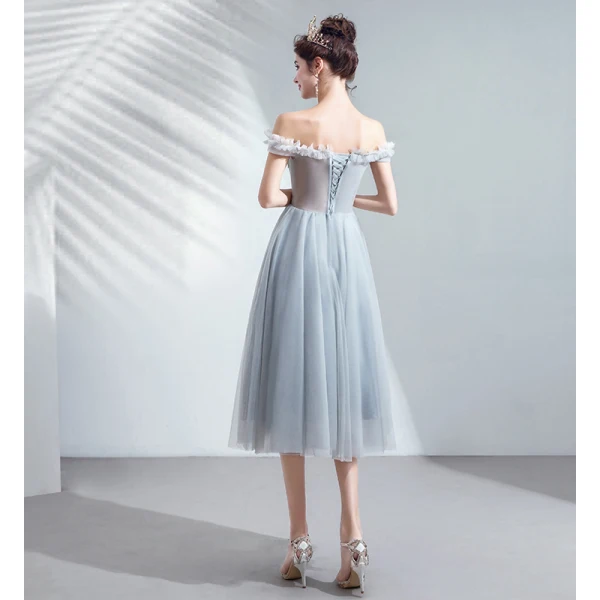 Chic / Beautiful Grey Homecoming Graduation Dresses 2019 A-Line / Princess Ruffle Off-The-Shoulder Beading Lace Flower Sequins Short Sleeve Backless Tea-length Formal Dresses