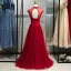 Chic / Beautiful Burgundy Evening Dresses  2019 A-Line / Princess High Neck Beading Sequins Crystal Lace Flower Sleeveless Backless Floor-Length / Long Formal Dresses