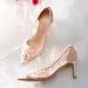 Charming Nude Wedding Shoes 2019 Lace Appliques Rhinestone 7 cm Stiletto Heels Pointed Toe Wedding Pumps