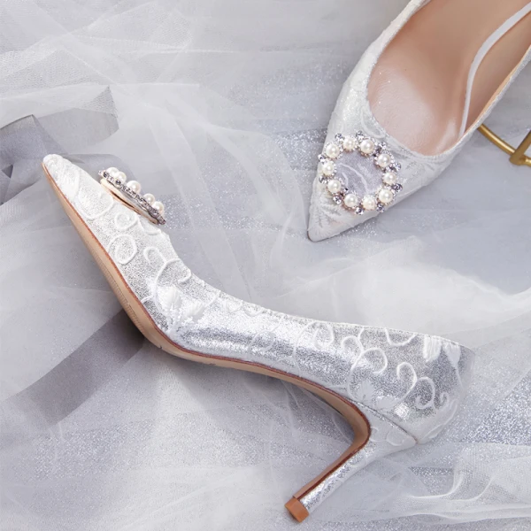 Charming Silver Wedding Shoes 2019 Pearl Rhinestone Lace Flower Sequins Stiletto Heels 7 cm Pointed Toe Wedding Pumps