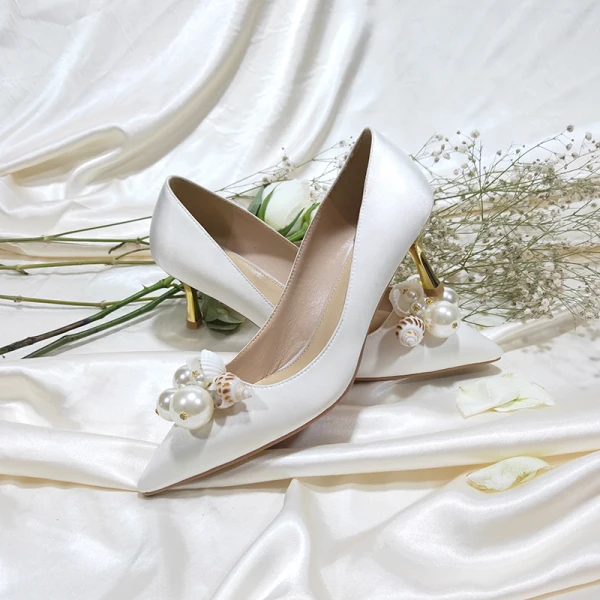 Elegancka Kość Słoniowa Buty Ślubne 2019 Skórzany Perła 6 cm Szpilki Szpiczaste Ślub Czółenka