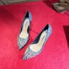 Sparkly Pool Blue Womens Shoes 2018 Leather Rhinestone Sequins 9 cm Stiletto Heels Pointed Toe Evening Party Pumps