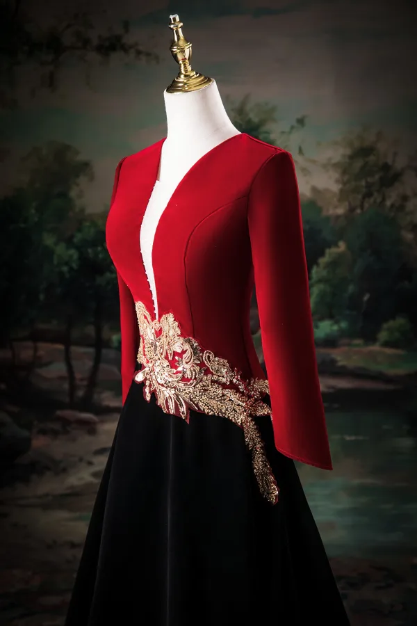 Vintage Rød To farger Beading Ballkjoler 2025 Prinsesse V-Hals Langermede Ryggløse Lange Ball Formelle Kjoler