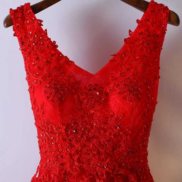 Chic / Belle Rouge Robe De Ceremonie Robe De Bal 2017 En Dentelle Fleur Paillettes Dos Nu V-Cou Sans Manches Robe Boule Courte