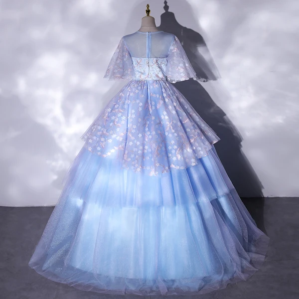 Classy Sky Blue Prom Dresses 2021 Ball Gown Scoop Neck Embroidered Appliques Short Sleeve Floor-Length / Long Formal Dresses