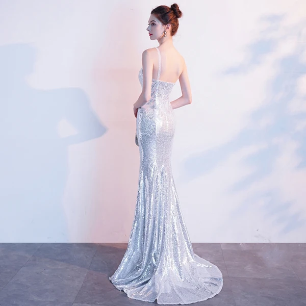 Sexy Scintillantes Argenté Robe De Soirée 2019 Trompette / Sirène Une épaule Paillettes Sans Manches Dos Nu Fendue devant Train De Balayage Robe De Ceremonie