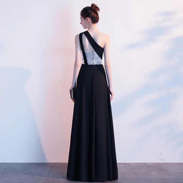 Sexy Schwarz Abendkleider 2019 A Linie One-Shoulder Pailletten Ärmellos Rückenfreies Gespaltete Front Lange Festliche Kleider