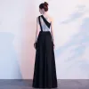 Seksowne Czarne Sukienki Wieczorowe 2019 Princessa Jedno Ramię Cekiny Bez Rękawów Bez Pleców Podział Przodu Długie Sukienki Wizytowe