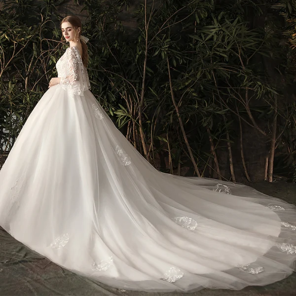 Chic / Beautiful Ivory Pregnant Wedding Dresses 2019 A-Line / Princess V-Neck Pearl Lace Flower 3/4 Sleeve Backless Chapel Train