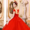 High-end Red Wedding Dresses 2019 A-Line / Princess Scoop Neck Beading Tassel Pearl Appliques Sleeveless Backless Royal Train