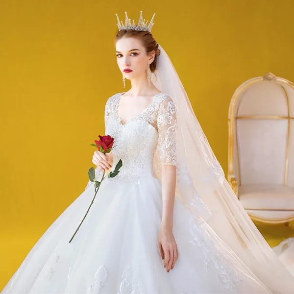 Elegant Elfenben Brudekjoler 2020 Prinsesse V-Hals Blonder Blomst 1/2 Ermer Ryggløse Cathedral Train