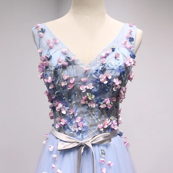 Chic / Belle Bleu Ciel Robe De Bal 2018 Princesse En Dentelle Fleur Appliques Cristal V-Cou Dos Nu Sans Manches Longue Robe De Ceremonie