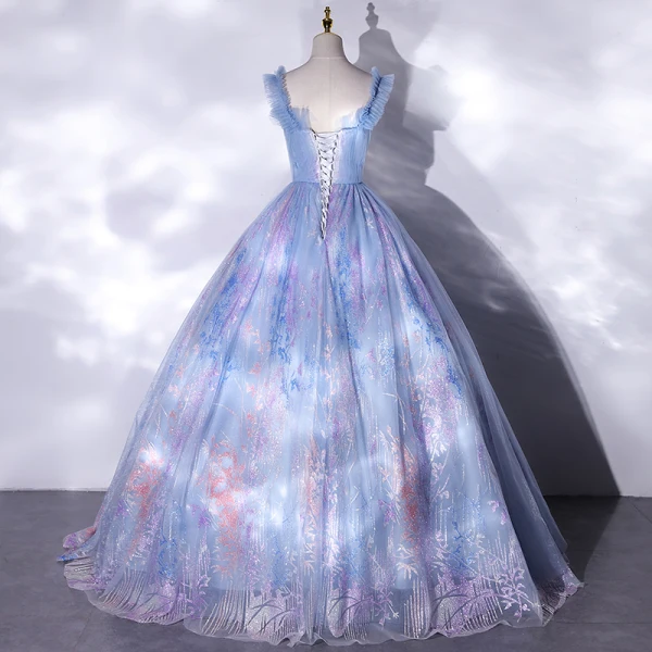 Elegant Sky Blue Glitter Prom Dresses 2021 Ball Gown Ruffle Square Neckline Sleeveless Backless Floor-Length / Long Formal Dresses