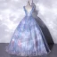 Elegant Sky Blue Glitter Prom Dresses 2021 Ball Gown Ruffle Square Neckline Sleeveless Backless Floor-Length / Long Formal Dresses
