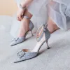 Sparkly Silver Wedding Shoes 2019 Rhinestone Sequins Ankle Strap 7 cm Stiletto Heels Pointed Toe Wedding High Heels