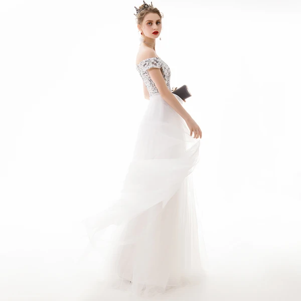 Modern / Fashion Ivory Evening Dresses 2019 A-Line / Princess Off-The-Shoulder Sequins Short Sleeve Backless Floor-Length / Long Formal Dresses