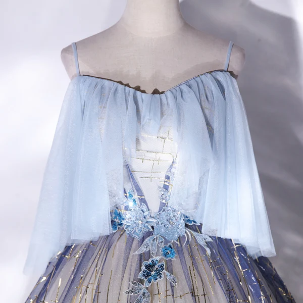 Mode Bleu Ciel Dégradé De Couleur Robe De Bal 2021 Robe Boule Bretelles Spaghetti Paillettes En Dentelle Fleur Sans Manches Dos Nu Longue Robe De Ceremonie