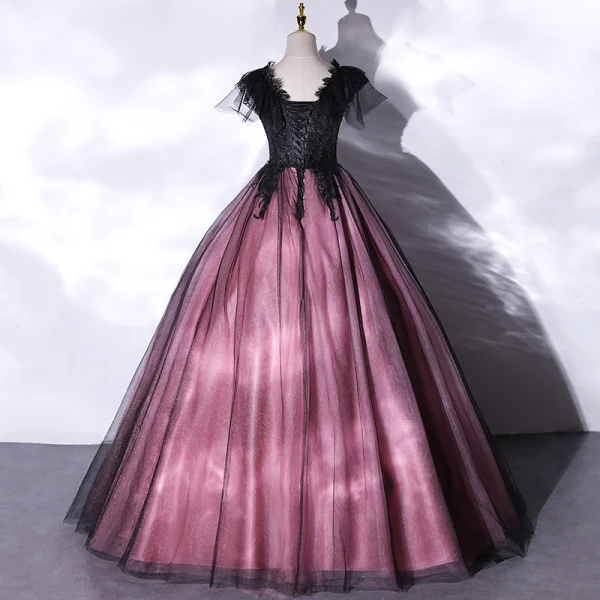 Elegant Purple Lace Flower Prom Dresses 2021 A-Line / Princess V-Neck Beading Short Sleeve Floor-Length / Long Formal Dresses