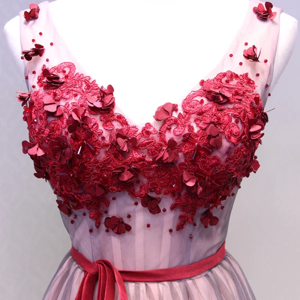 Chic / Belle Bordeaux Robe De Bal 2018 Princesse Appliques Cristal Noeud V-Cou Dos Nu Sans Manches Longue Robe De Ceremonie