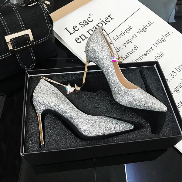 Uroczy Złote Buty Ślubne 2019 Cekiny 9 cm Szpilki Szpiczaste Ślub Czółenka