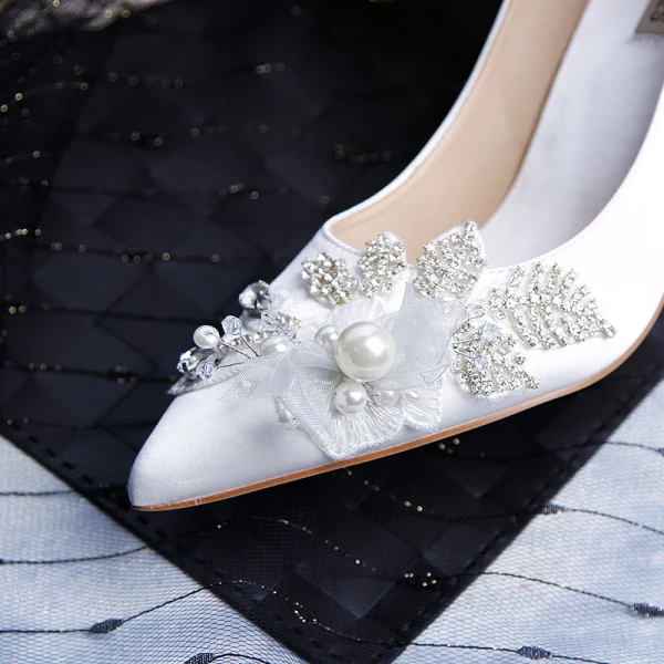 Stylowe / Modne Kość Słoniowa Buty Ślubne 2019 Skórzany Aplikacje Perła Rhinestone 9 cm Szpilki Szpiczaste Ślub Czółenka