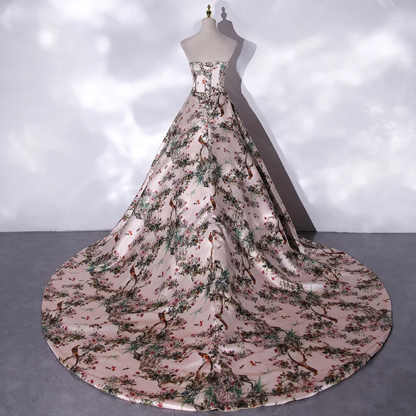 Schick Multifarben Drucken Satin Ballkleider 2021 A Linie Bandeau Ärmellos Rückenfreies Kathedrale Schleppe Festliche Kleider