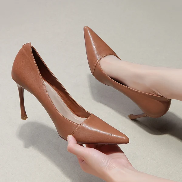 Enkel Brun Kontor Pumps 2019 Lær 8 cm Stiletthæler Spisse Pumps