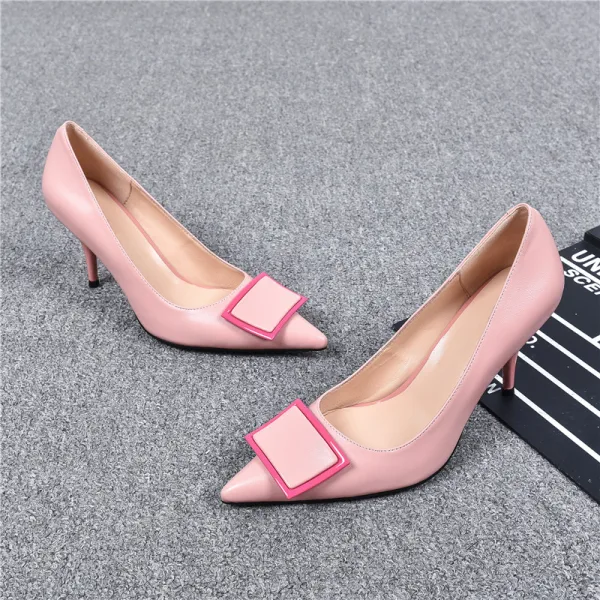 Lovely Blushing Pink Casual Pumps 2019 Leather Buckle 8 cm Stiletto Heels Pointed Toe Pumps