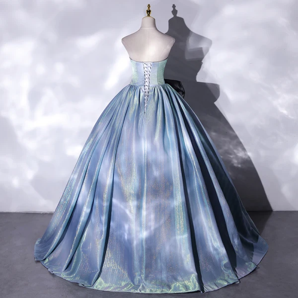 Illusion Sky Blue Prom Dresses 2021 Ball Gown Strapless Bow Sleeveless Backless Floor-Length / Long Formal Dresses