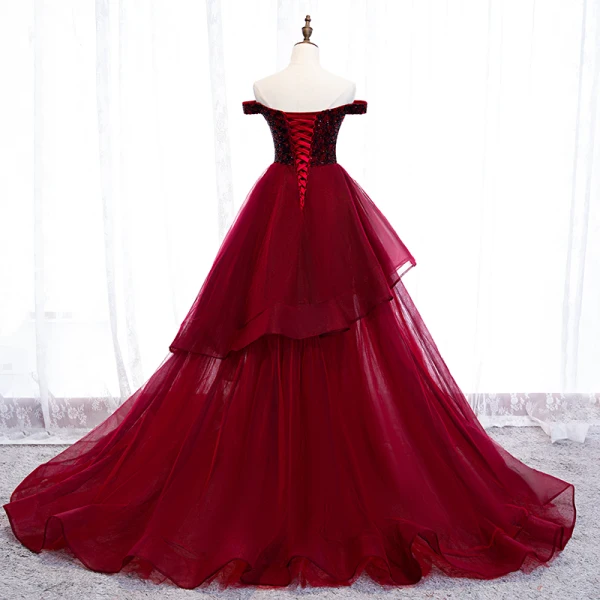 Chic / Beautiful Burgundy Evening Dresses  2019 A-Line / Princess Off-The-Shoulder Beading Crystal Sleeveless Backless Court Train Formal Dresses