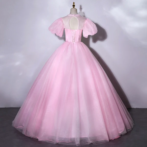 Elegant Candy Pink Prom Dresses 2021 Scoop Neck Pearl Rhinestone Lace Flower Short Sleeve Backless Floor-Length / Long Formal Dresses