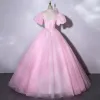 Elegant Candy Pink Prom Dresses 2021 Scoop Neck Pearl Rhinestone Lace Flower Short Sleeve Backless Floor-Length / Long Formal Dresses