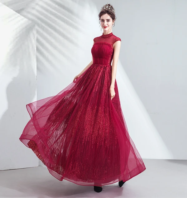 Vintage / Retro Burgundy Evening Dresses 2020 A-Line / Princess Ruffle High Neck Beading Crystal Sequins Sleeveless Backless Floor-Length / Long Formal Dresses