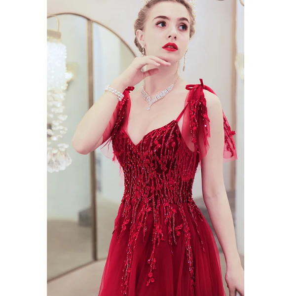 Chic / Belle Rouge Robe De Soirée 2020 Princesse Bretelles Spaghetti Perlage En Dentelle Fleur Sans Manches Dos Nu Train De Balayage Robe De Ceremonie