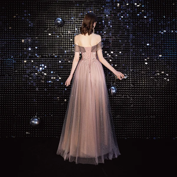 Élégant Rougissant Rose Robe De Soirée 2020 Princesse De l'épaule Perlage Paillettes En Dentelle Fleur Manches Courtes Dos Nu Longue Robe De Ceremonie