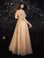 Charmant Doré Robe De Bal 2020 Princesse Encolure Dégagée En Dentelle Paillettes Étoile Faux Diamant Manches Courtes Dos Nu Longue Robe De Ceremonie