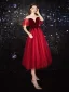 Charmant Rouge Courte Robe De Bal 2020 Princesse Col v profond Paillettes Daim Manches Courtes Thé Longueur Robe De Ceremonie