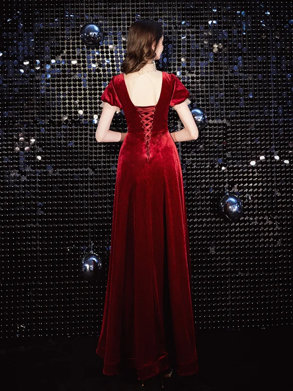 Elegant Red Evening Dresses 2020 A-Line / Princess Suede High Neck Short Sleeve Floor-Length / Long Formal Dresses