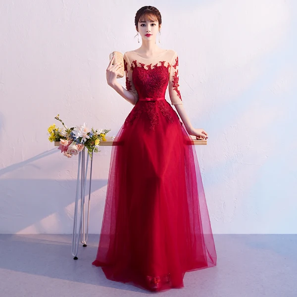 Elegant Burgundy Evening Dresses 2019 A-Line / Princess Scoop Neck Bow Lace Flower 1/2 Sleeves Backless Floor-Length / Long Formal Dresses