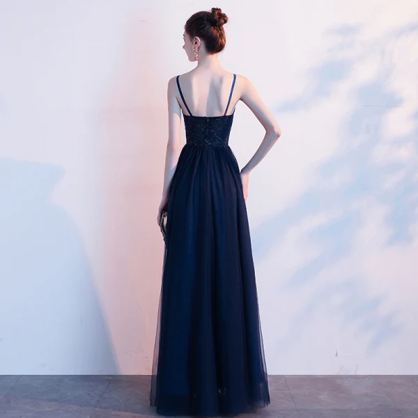Élégant Bleu Marine Robe De Soirée 2020 Princesse Bretelles Spaghetti Faux Diamant Sans Manches Dos Nu Longue Robe De Ceremonie