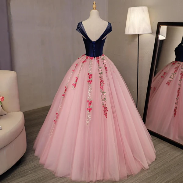 Chic / Belle Rose Bonbon Robe De Bal 2018 Robe Boule Appliques Perlage Cristal V-Cou Dos Nu Sans Manches Longue Robe De Ceremonie