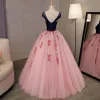 Chic / Beautiful Candy Pink Prom Dresses 2018 Ball Gown Appliques Beading Crystal V-Neck Backless Sleeveless Floor-Length / Long Formal Dresses