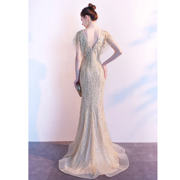 Luxe Doré Robe De Soirée 2020 Trompette / Sirène V-Cou Fait main Perlage Cristal Paillettes Manches Courtes Dos Nu Train De Balayage Robe De Ceremonie