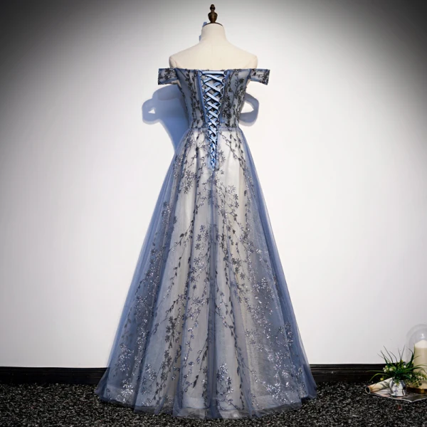Modern / Fashion Ocean Blue Evening Dresses 2020 A-Line / Princess Off-The-Shoulder Sequins Short Sleeve Backless Floor-Length / Long Formal Dresses