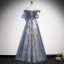 Modern / Fashion Ocean Blue Evening Dresses  2020 A-Line / Princess Off-The-Shoulder Sequins Short Sleeve Backless Floor-Length / Long Formal Dresses