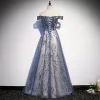 Modern / Fashion Ocean Blue Evening Dresses  2020 A-Line / Princess Off-The-Shoulder Sequins Short Sleeve Backless Floor-Length / Long Formal Dresses