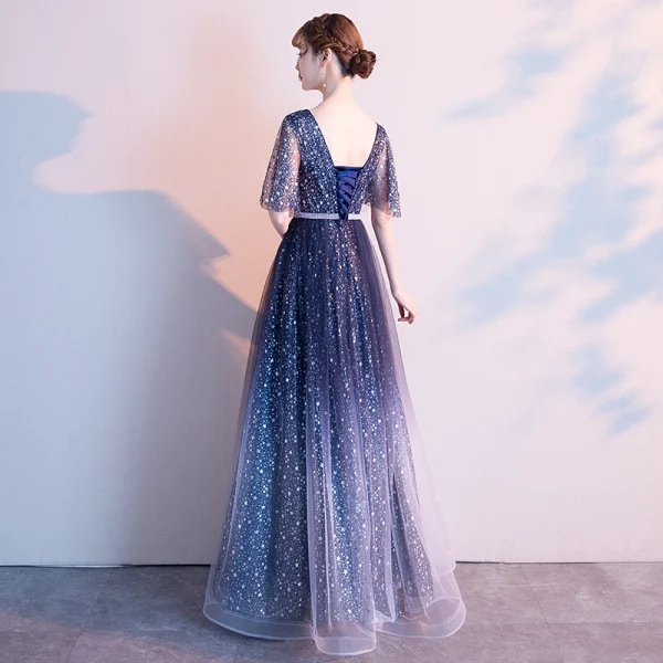 Modern / Fashion Navy Blue Starry Sky Evening Dresses  2019 A-Line / Princess V-Neck Star Sequins Short Sleeve Backless Floor-Length / Long Formal Dresses