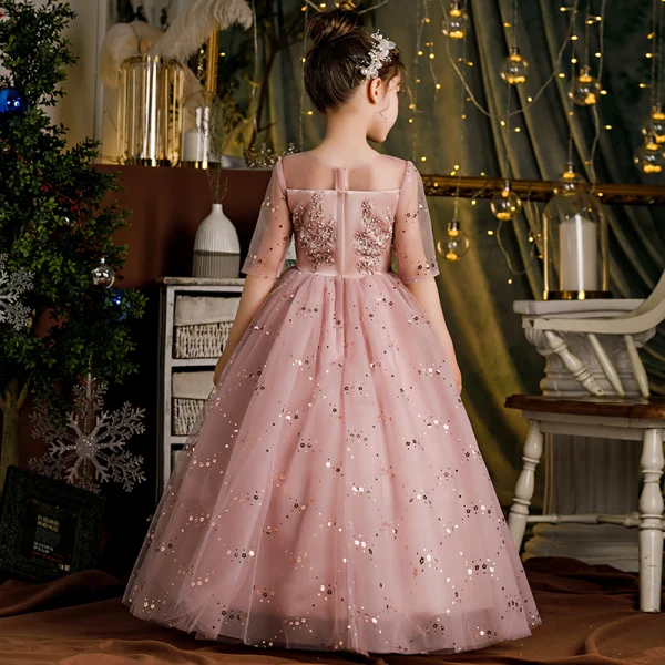 Chic / Beautiful Blushing Pink Bridal Short Flower Girl Dresses 2021 Ball Gown Scoop Neck Beading Crystal Sequins Lace Flower Short Sleeve Wedding Party Dresses